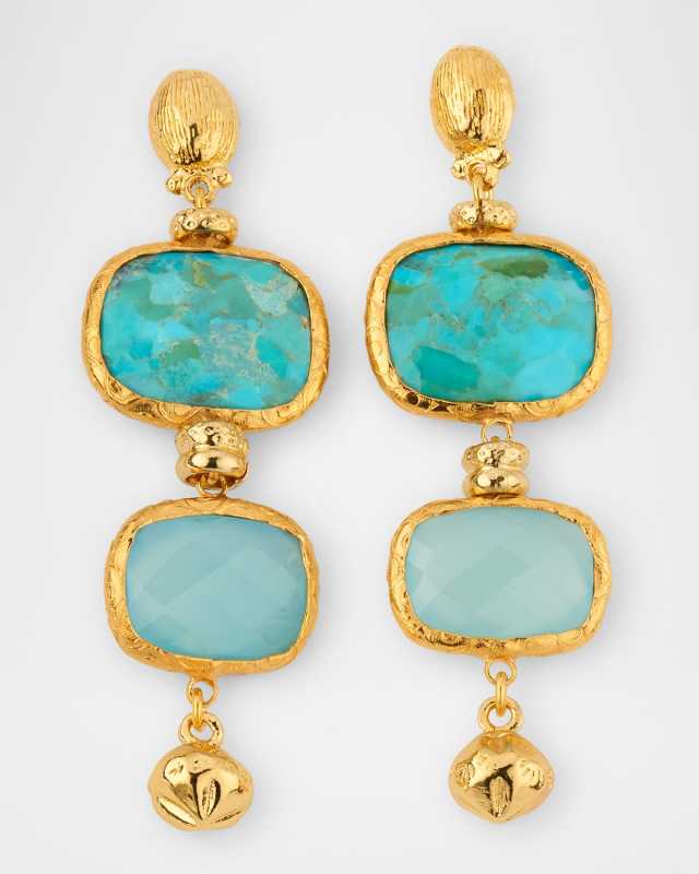 Silene Gold Drop Earrings, Blue Quartz and Turquoise